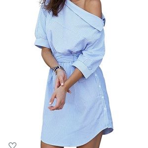 Blue/White Striped One Shoulder Shirt Dress